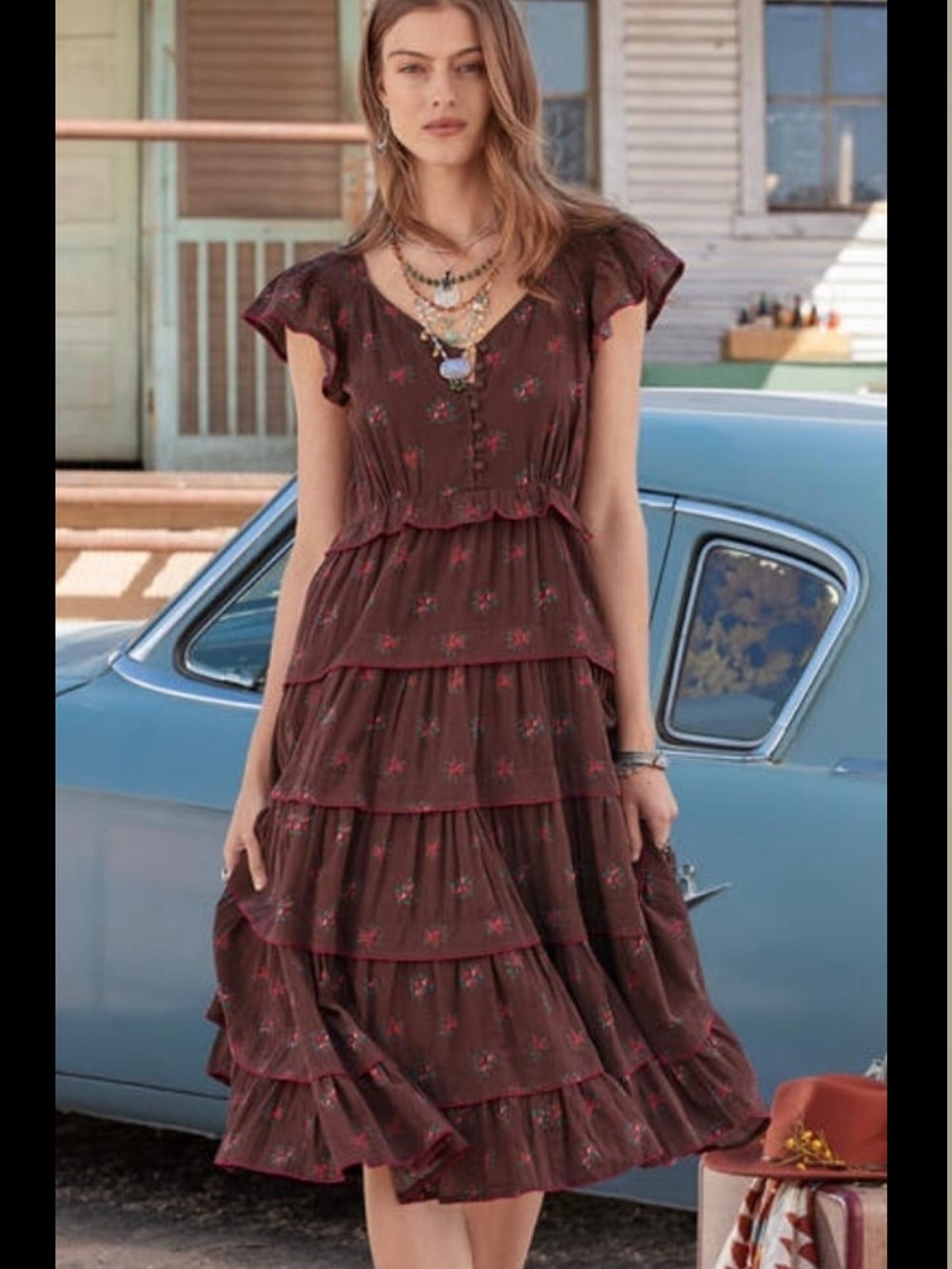 Sundance Brown Floral Tiered Midi Dress with Flutter Sleeves Size Xs Cotton